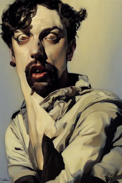 Image similar to sam hyde, painting by jc leyendecker!! phil hale!, angular, brush strokes, painterly, vintage, crisp