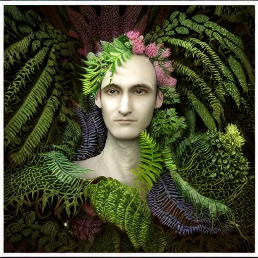 Prompt: an idealistic man, porcelain face, clear eyes, with classic cloth and fractal flowery hair in a fractal garden, glowing delicate flower and ferns that grow in a dark fatansy forest on the planet pandora,