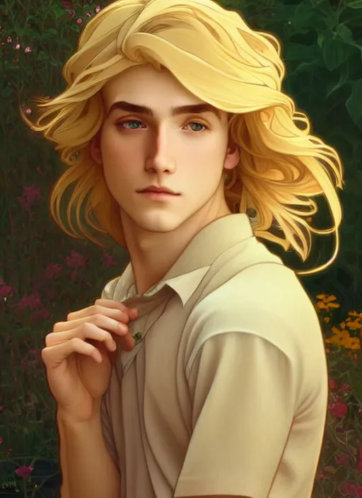 Image similar to pretty young man with shoulder length shiny shimmering golden blond hair, path traced, highly detailed, high quality, digital painting, by studio ghibli and alphonse mucha, leesha hannigan, disney