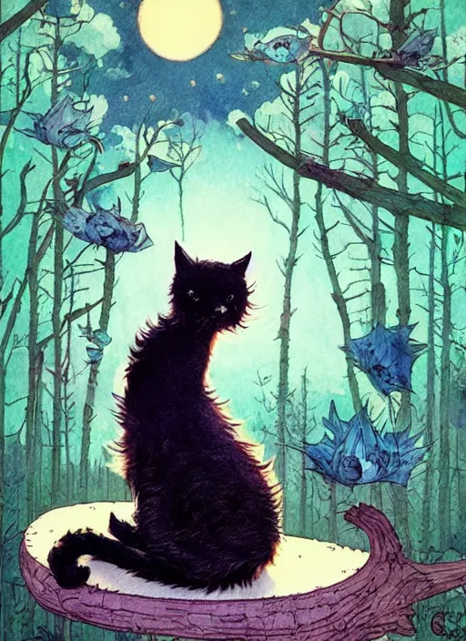 Image similar to a hyper realistic ink cat and the meaning of life and sunbeams blue sky, lush forest comic by chiara bautista and norman rockwell and greg rutkowski weta studio, and lucasfilm