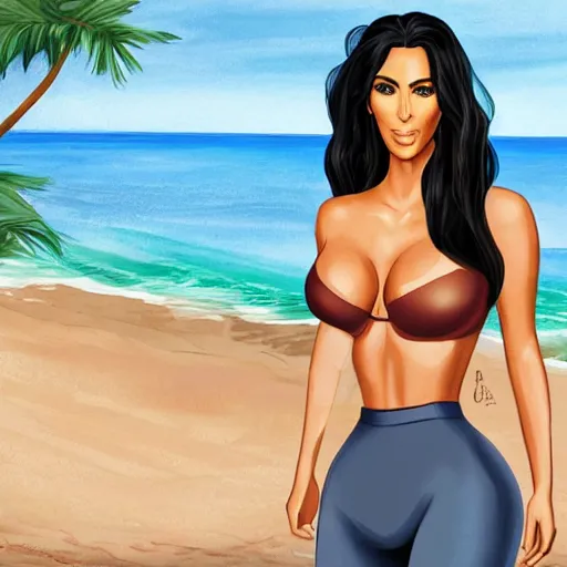 Prompt: kim kardashian in linguire next to the beach, looking at camera while posing, wet clothes, realistic shading, fine details, realistic shaded lighting poster, g cup size, dslr