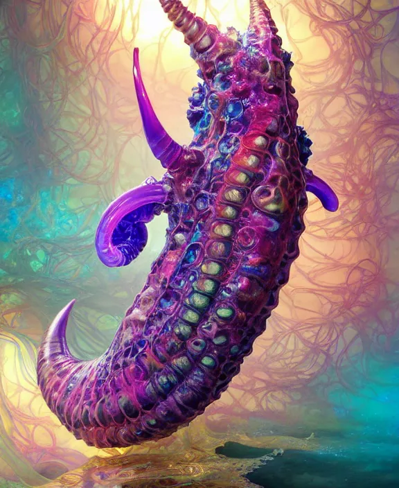 Prompt: intricate colorful transparent portrait of a terrifying beautiful alien sea slug, horns, mottled coloring, adorable, childlike, anxiety environment, ultra realistic, concept art, art nouveau, photorealistic, octane render, 8 k, unreal engine. art by christopher marley and artgerm and greg rutkowski and alphonse mucha