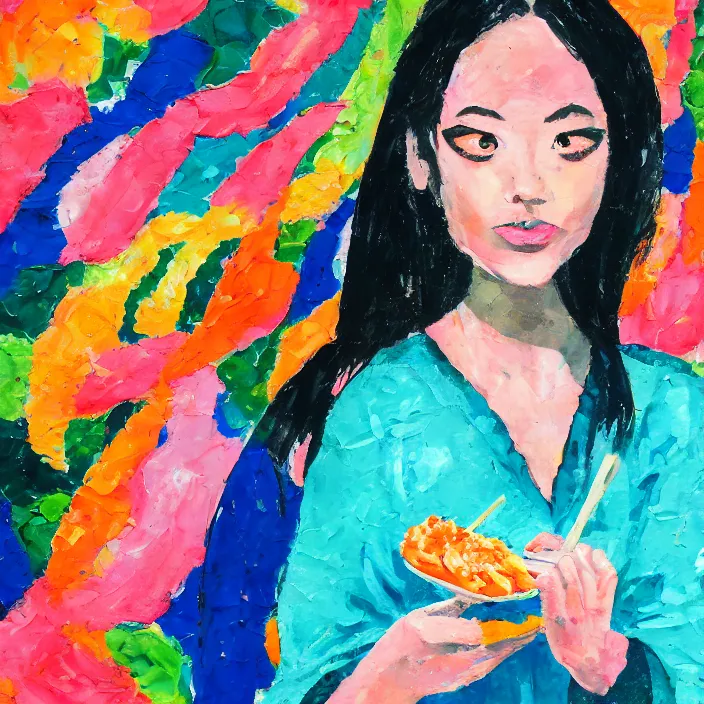 Image similar to portrait of beautiful woman eating sushi painted with colorful gouache impasto