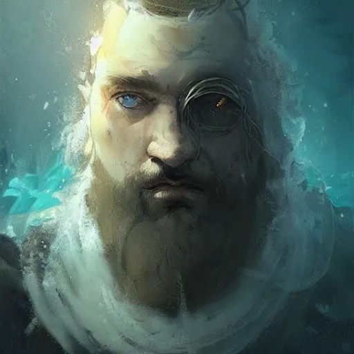 Prompt: A portrait of a cleric of Cthulu with short dark hair and a trimmed beard, he wears a sandstone cube on a string around his neck, as dark magic emanates from the cube tentacles spur from the water, digital art by Ruan Jia