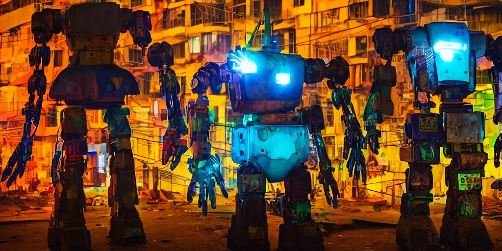 Image similar to colourful giant mecha ROBOT of AJEGUNLE SLUMS in Lagos, markings on robot, neon lights, Golden Hour,