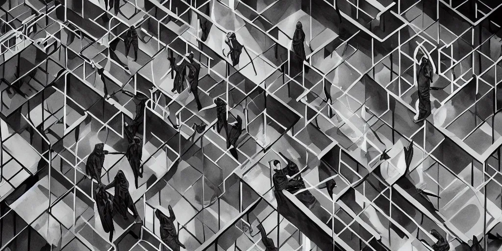 Prompt: woman wearing all black has shootout with staff, staff wearing hazmat suits, underground lab, MC Escher style architecture, sterile, unknown location, birds eye view, epic, light and shadows, concept art