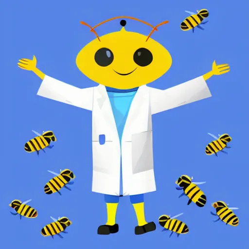 Prompt: a bee who is a scientist in a lab coat, no blue, colored pencils, low poly render, vector art, flat colors, by eric carle, icon