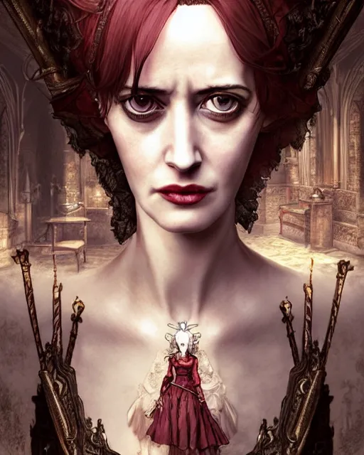 Prompt: character portrait of eva green with gorgeous detailed eyes in a castle, color page, tankoban, 4 k, tone mapping, doll, akihiko yoshida, james jean andrei riabovitchev marc simonetti, yoshitaka amano,