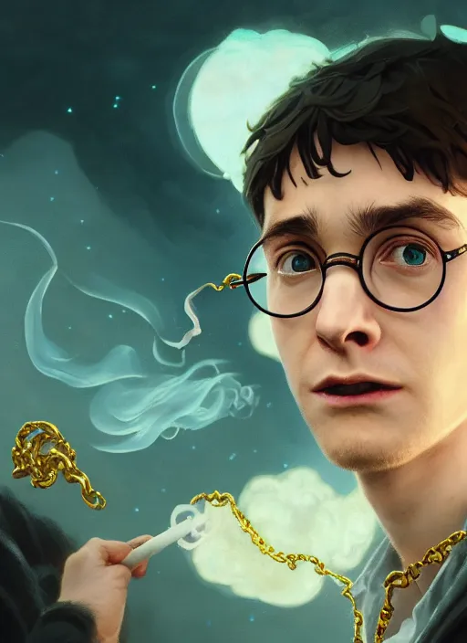 Prompt: highly detailed portrait of harry potter vaping and wearing gold chains, stephen bliss, unreal engine, fantasy art by greg rutkowski, loish, rhads, ferdinand knab, makoto shinkai and lois van baarle, ilya kuvshinov, rossdraws, tom bagshaw, alphonse mucha, global illumination, radiant light, detailed and intricate environment