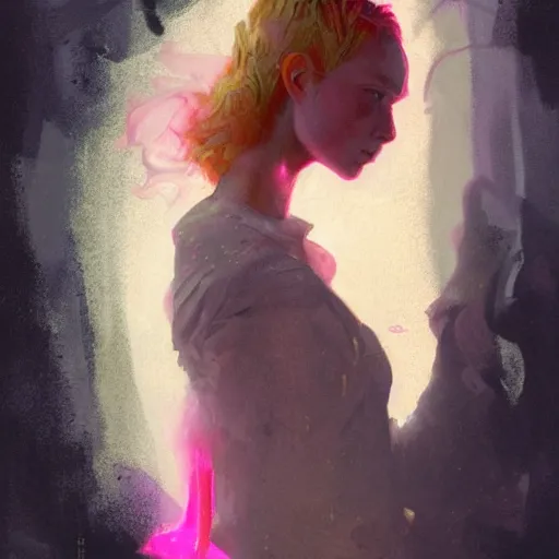 Image similar to Portrait of a tomboy with pink hair, glowing skin, fantasy, by Greg Rutkowski and Dave McKean, pink and gold color palette
