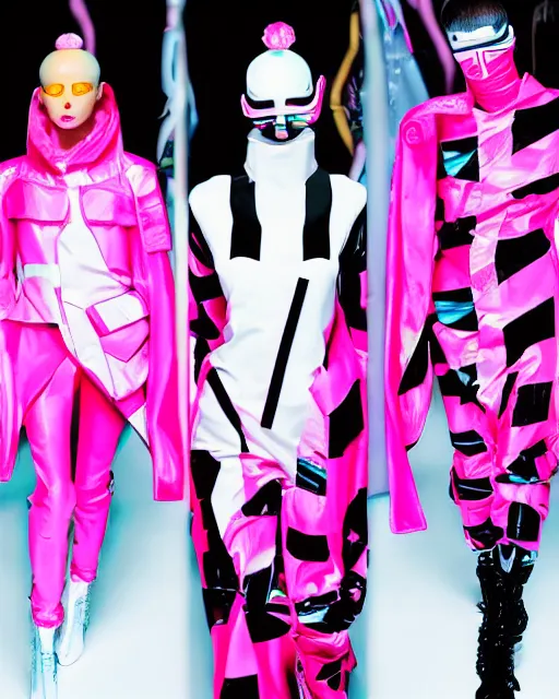 Image similar to a fashion photograph for Balenciaga's cyberpunk Bladerunner 2049 fashion line, dazzle camouflage, dayglo pink, dayglo blue, pearlescent white, raven black