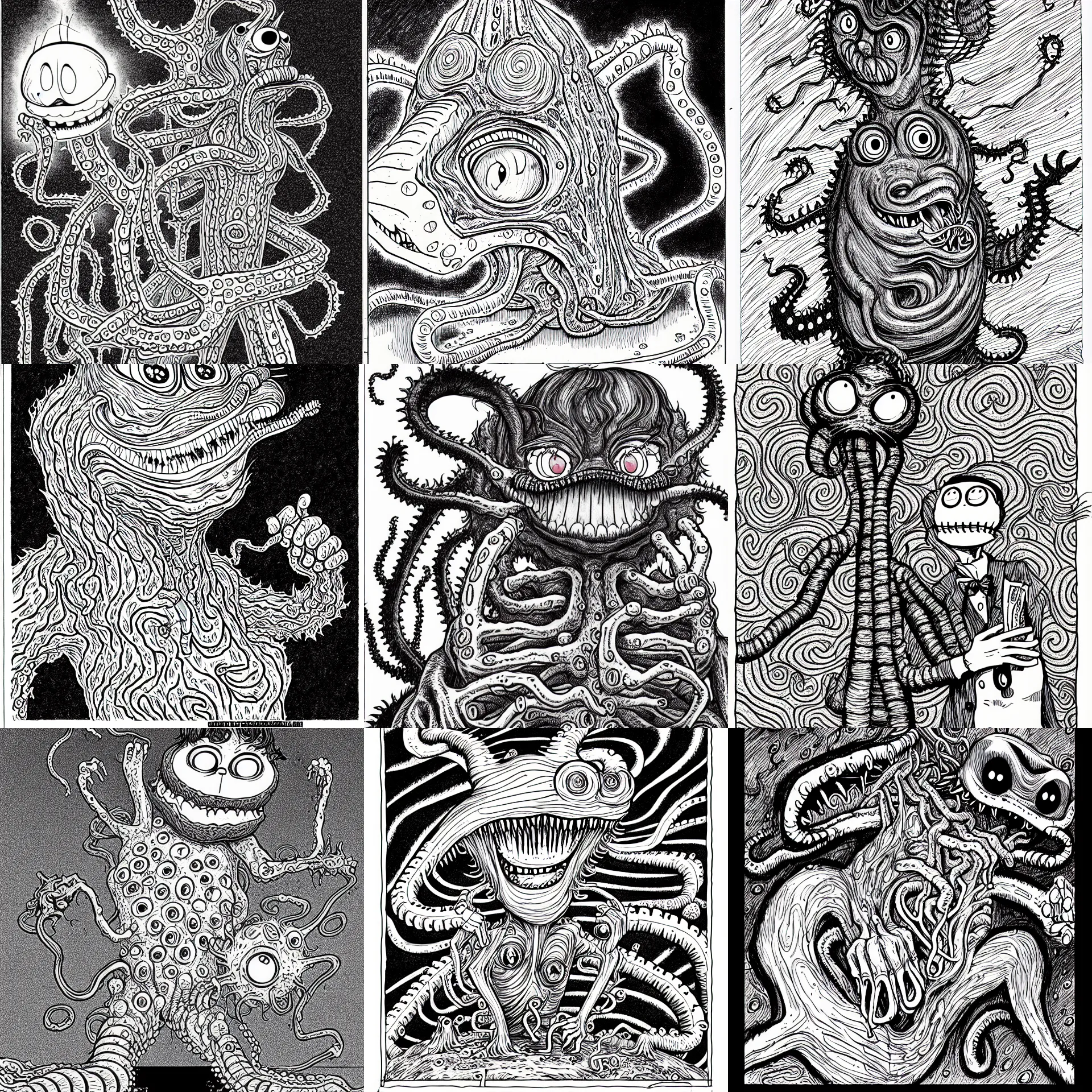 Image similar to Garfield as an eldritch abomination, illustrated by Junji Ito, Lovecraftian, line art