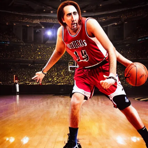 Image similar to nicolas cage as a basketball player, highly detailed photography, 4k