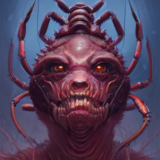 Image similar to professional ominous concept art portrait of a lobster - human chimera character by artgerm and greg rutkowski. an intricate, elegant, highly detailed digital painting, concept art, smooth, sharp focus, illustration, in the style of simon stalenhag, wayne barlowe, and igor kieryluk.