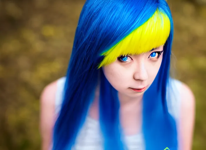 Image similar to dslr portrait photo still of rimuru tempest with blue hair and yellow!!! eyes!!!, 8 k, 8 5 mm f 1. 8