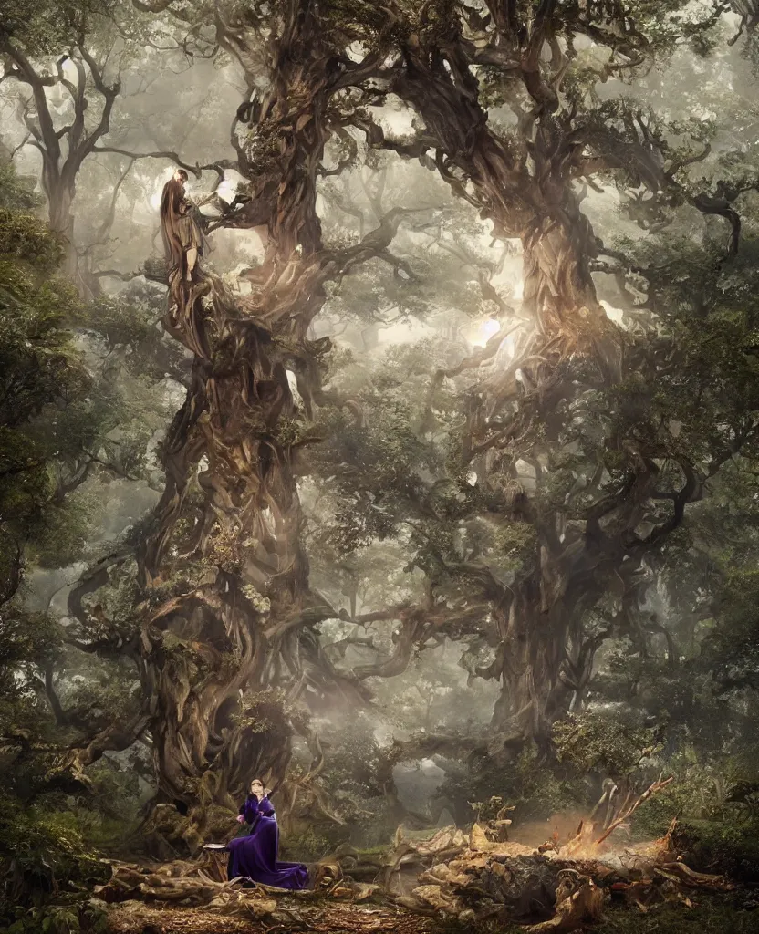 Image similar to woman playing a piano sitting on a giant tree, very detailed, 8k, maximized, ornate, masterpiece, complex, by Greg rutkowski, Alex Gray, surrounded by smoke