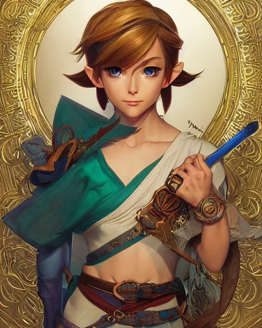 Image similar to if link was a real boy, beautiful shadowing, 3 d shadowing, reflective surfaces, 8 k, beautifully detailed pencil illustration, intricate, epic composition, masterpiece, bold complimentary colors. stunning masterfully illustrated by artgerm, range murata, alphonse mucha