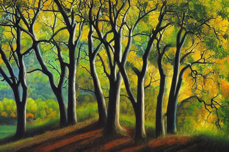 Image similar to masterpiece painting of oak trees on a hillside overlooking a creek, dramatic lighting, by april gornik