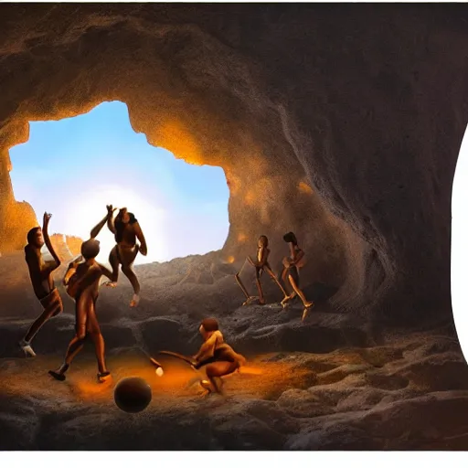 Image similar to matte painting of cavemen playing basketball inside cave at night, cave lit by torch light, stalagmites