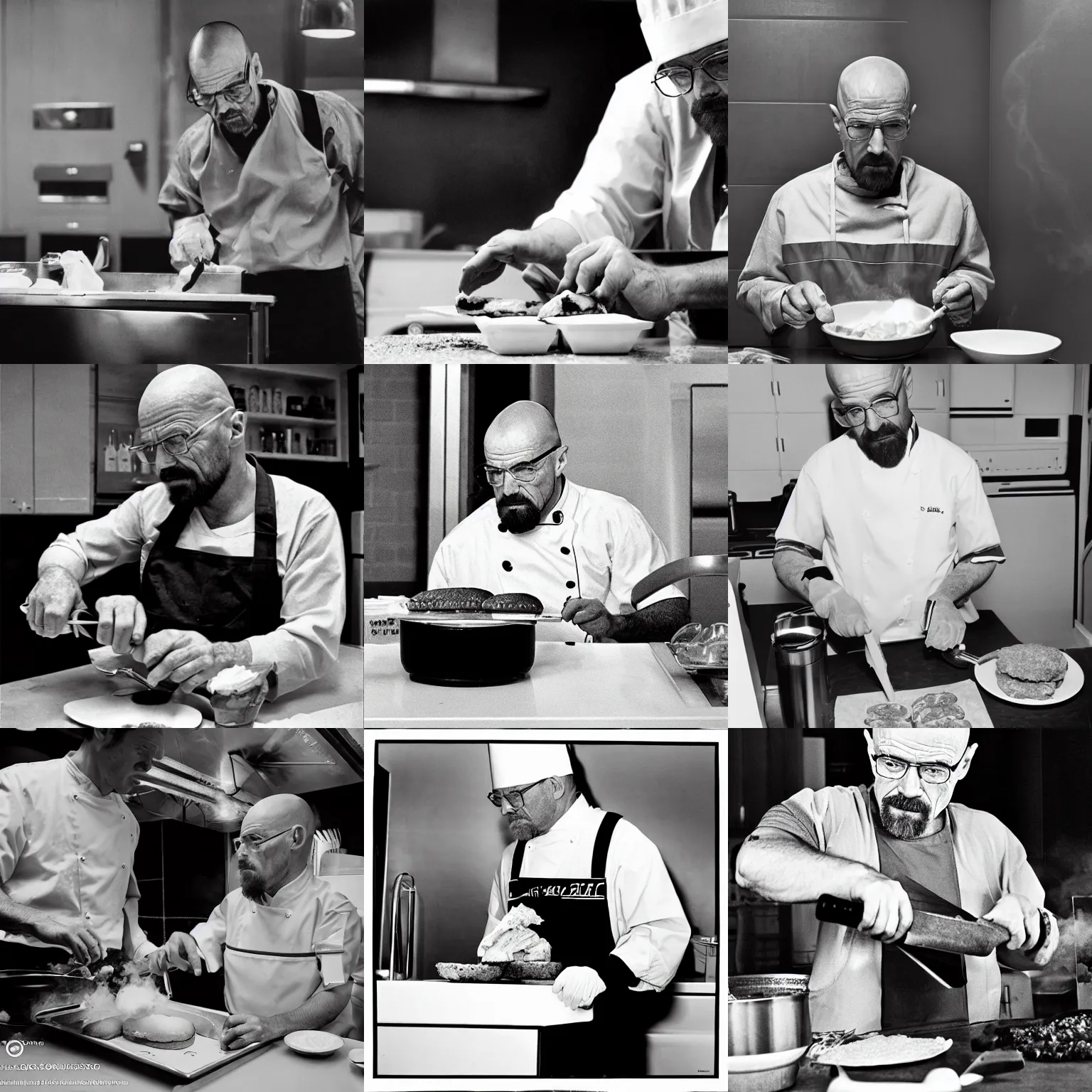 Prompt: Walter White cooking a hamburguer, black and white, award winning photo, Sigma 200mm