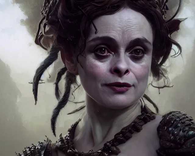 Image similar to highly detailed portrait of helena bonham carter as a fantasy goblin, in skyrim, stephen bliss, unreal engine, fantasy art by greg rutkowski, loish, rhads, ferdinand knab, makoto shinkai and lois van baarle, ilya kuvshinov, rossdraws, tom bagshaw, global illumination, radiant light, detailed and intricate environment