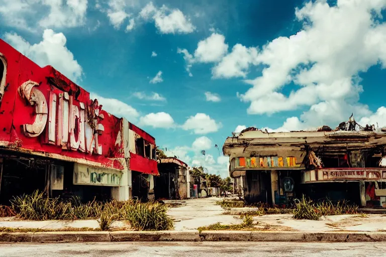 Image similar to low wide angle shot of dilapidated fallout 5 miami, tropical coastal city, desolate, dilapidated neon signs, just a rusted retro futuristic vintage parked vehicles like cars, buses, trucks, trams, sunny weather, few clouds, volumetric lighting, photorealistic, daytime, spring, sharp focus, ultra detailed, technicolour 1