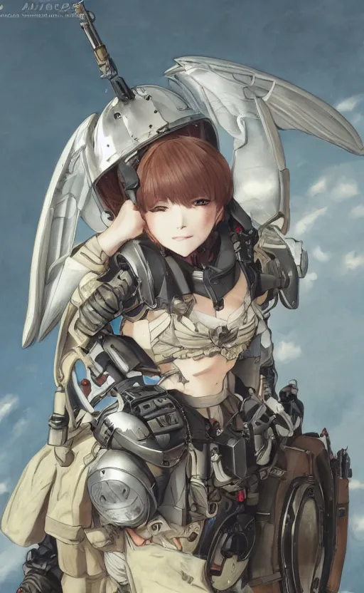 Image similar to portrait of mechanized valkyrie, anime style, world war 2, vintage clothing, spread wings, short hair, hair down, symmetrical facial features, from arknights, hyper realistic, 4 k, rule of thirds, extreme detail, detailed drawing, safebooru, hd, d & d, realistic lighting, by alphonse mucha, greg rutkowski, backlit