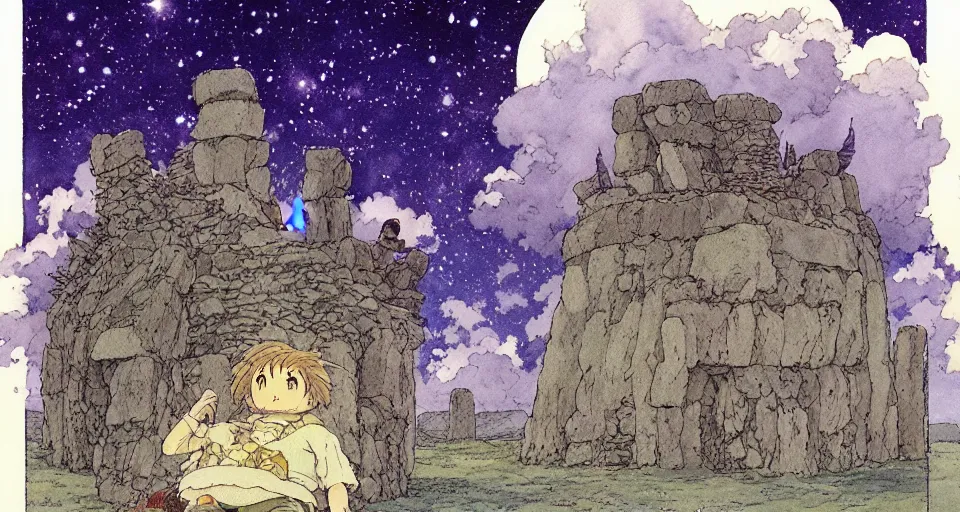Image similar to hyperrealist studio ghibli watercolor fantasy concept art of a giant from howl's moving castle sitting on stonehenge like a chair. it is a misty starry night. by rebecca guay, michael kaluta, charles vess