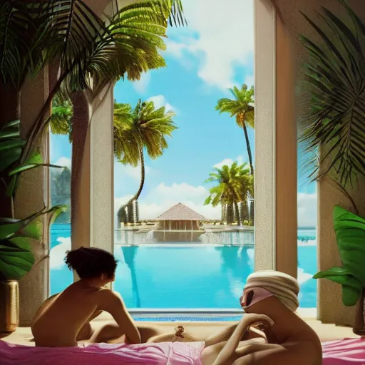 Image similar to indoor liminal space, golden light, peter tarka, palm trees, pink door, minimalistic, hyperrealistic surrealism, award winning masterpiece with incredible details, epic stunning, infinity pool mirrors, a surreal vaporwave liminal space with mirrors, highly detailed, trending on artstation, artgerm and greg rutkowski and alphonse mucha, daily deviation