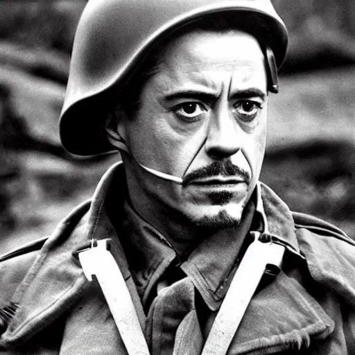 Image similar to robert downey jr as a us ww 2 soldier during the liberation of france, highly detailed, cinematic lighting, photorealistic