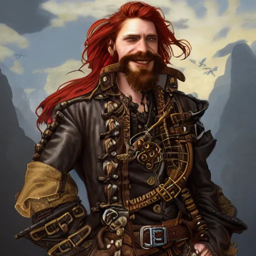 Image similar to portrait of a young rugged steampunk pirate, male, handsome, masculine, full body, red hair, long hair, soft hair, d & d, fantasy, intricate, elegant, highly detailed, steampunk, airship, digital painting, artstation, concept art, matte, sharp focus, illustration, art by artgerm and greg rutkowski and alphonse mucha