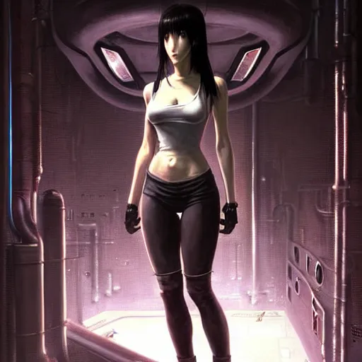 Prompt: Portrait of Tifa Lockhart by Greg Rutkowski. She is hiding from a Shinra robot in the Reactor Core by Mark Arian. It is dark and stark and industrial by H.R. Giger. soft render, octane, highly detailed painting by Moebius. artstation Blank Canvas Scene by Tetsuya Nomura.