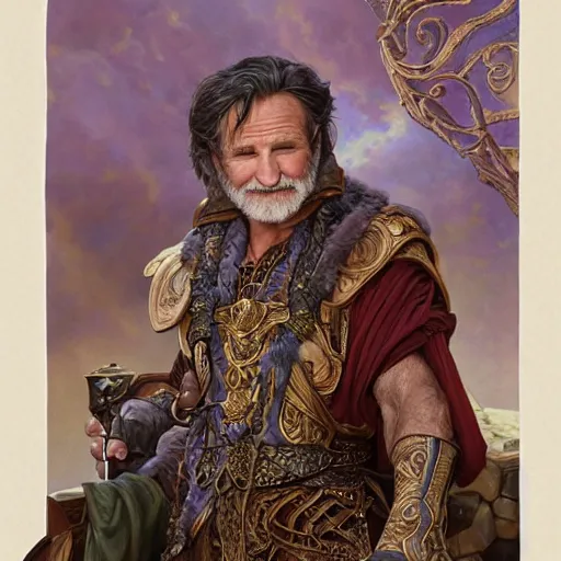 Image similar to an ultradetailed portrait of robin williams dressed as sheogorath, the elder scrolls, fantasy, intricate, elegant, highly detailed, digital painting, matte, sharp focus, illustration, art by john collier and albert aublet and krenz cushart and artem demura and alphonse mucha