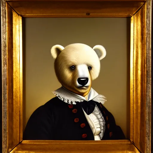 Prompt: head and shoulders portrait painting of a white teddy bear wearing a colonial outfit looking off camera, a character portrait, american romanticism, oil on canvas, diffused lighting