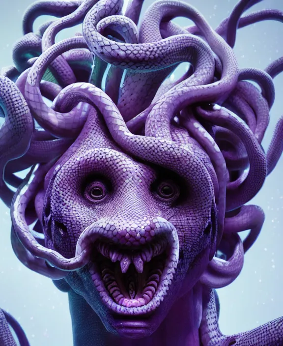 Image similar to beautiful medusa head highly detailed snakes, cosmic horror, abstract, ghostly, arcade, duotone, poltergeist, epic lighting, intricate, elegant, highly detailed, smooth, sharp focus, photo real, ultra realistic, unreal engine 5, raytracing, in the style of beeple and mike winkelmann, ultraviolet colors