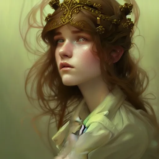 Prompt: portrait of a scottish teenage girl with dark blonde hair, glowing skin, intelligent face, fantasy, intricate, elegant, dress shirt, highly detailed, digital painting, artstation, concept art, smooth, sharp focus, illustration, art by Krenz Cushart and Artem Demura and alphonse mucha