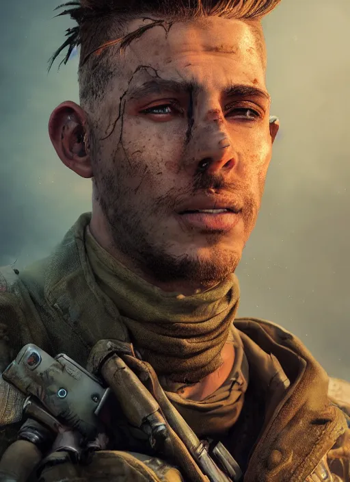 Image similar to A stunning comic book style portrait painting of a male post apocalyptic soldier, unreal 5, DAZ, hyperrealistic, octane render, cosplay, RPG portrait, dynamic lighting