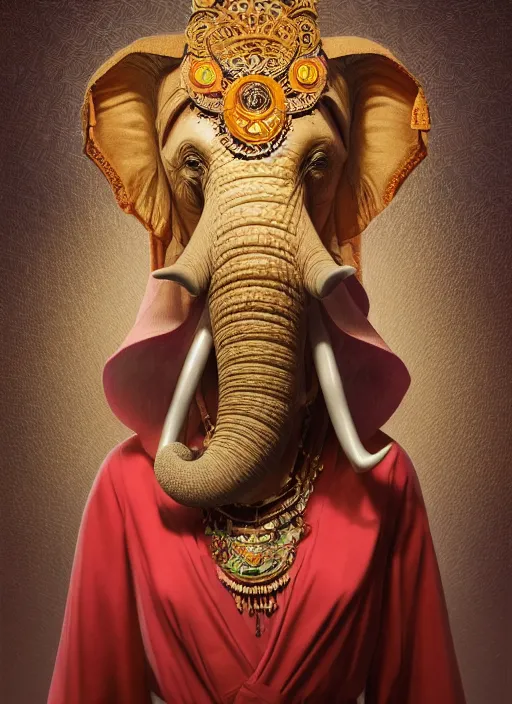 Image similar to an anthropomorphic beautiful goddess female wizard made of elephant portrait holding a staff wearing colourful robe, fine art, award winning, intricate, elegant, sharp focus, octane render, hyperrealistic, cinematic lighting, highly detailed, digital painting, 8 k concept art, art by jamie hewlett and z. w. gu, masterpiece, trending on artstation, 8 k