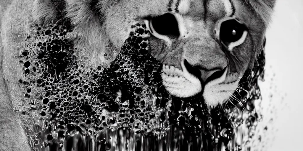 Prompt: a lioness made of ferrofluid bathing inside the bathtub full of ferrofluid at the photography studio, covered in dripping ferrofluid. dslr, wrinkles, ferrofluid, photography, realism, animal photography