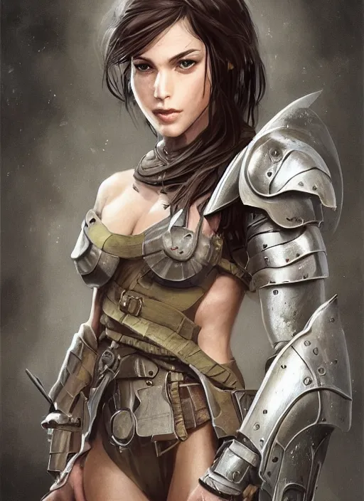 Image similar to a professional photographic portrait of an attractive young girl, partially clothed in battle armor, olive skin, long dark hair, beautiful bone structure, symmetrical facial features, intricate, elegant, digital painting, concept art, smooth, sharp focus, illustration, beautifully framed, from Metal Gear, in the style of Artgerm and Greg Rutkowski and William-Adolphe Bouguerea