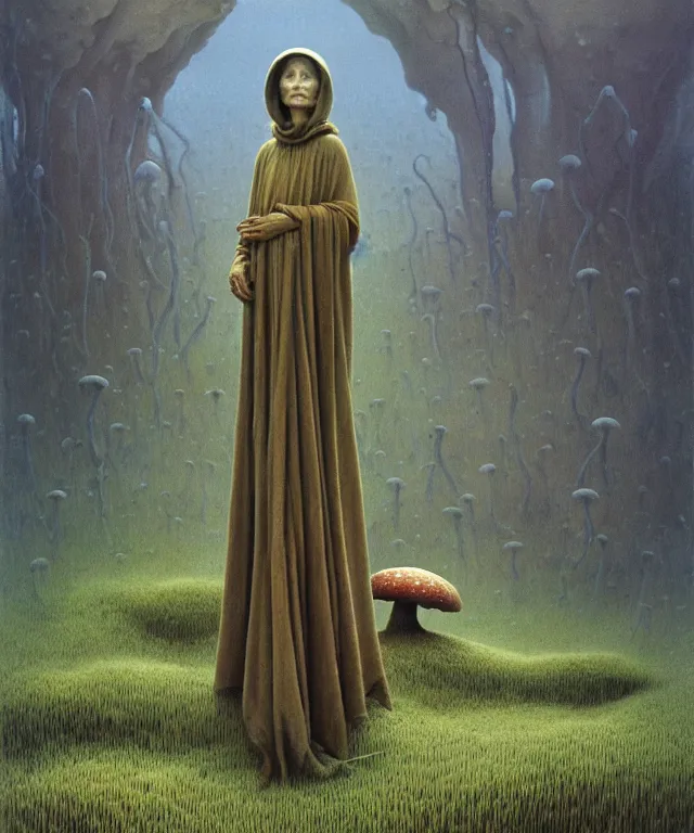 Image similar to A detailed funguswoman stands among the mushroom fields. Wearing a ripped mantle, robe. Perfect faces, extremely high details, realistic, fantasy art, solo, masterpiece, art by Zdzisław Beksiński, Pauline Baynes, Dariusz Zawadzki