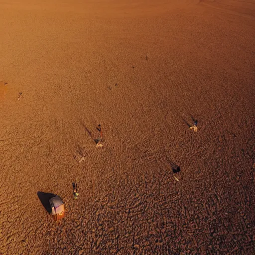 Prompt: aerial shot of a burningman themed campsite, in the australian red clay desert with dry grass