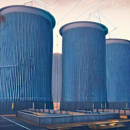 Image similar to highly detailed, datacenter cooling towers, chiller plant system, concept art, character art, studio lightning, bright colors, intricate, masterpiece, photorealistic, hyperrealistic, sharp focus, high contrast, artstation hq, deviantart trending, 8 k uhd, unreal engine 5