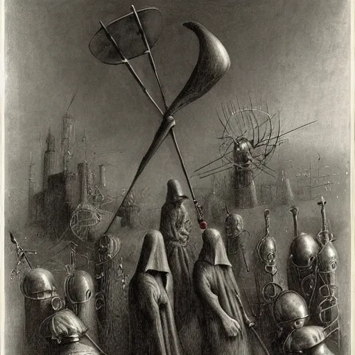 Prompt: plague doctors in the mist with weird rube goldberg machines, minimalist, joel peter witkin, heironymus bosch, gustave dore, beksinski, giger