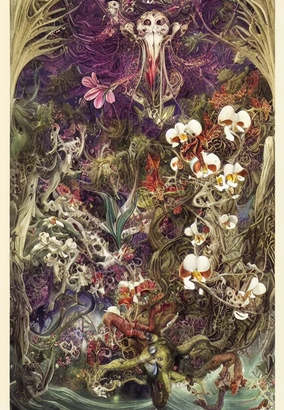 Image similar to simplicity, elegant, colorful muscular eldritch animals and bones radiating from fractal, orchids, lilies, flowers, mandalas, by h. r. giger and esao andrews and maria sibylla merian eugene delacroix, gustave dore, thomas moran, pop art, cyberpunk, art nouveau