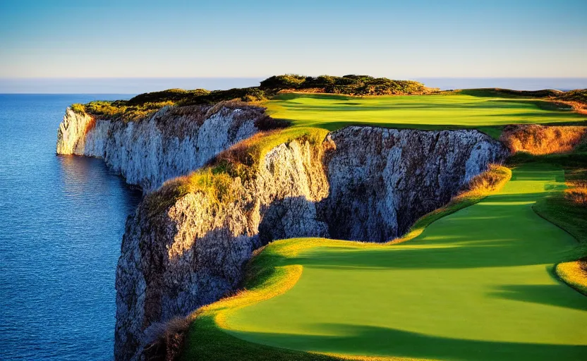 Image similar to a great photograph of the most amazing golf hole in the world, cliffs by the sea, perfect green fairway, human perspective, ambient light, 5 0 mm, golf digest, top 1 0 0, golden hour