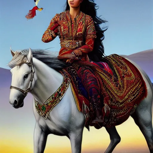 Image similar to full body shot of a beautiful young kurdish woman riding a beautiful white horse in the kurdish mountains art by martin ansin, highly detailed, 8 k, high resolution, award winning art, incredibly intricate, beautiful and symmetrical face