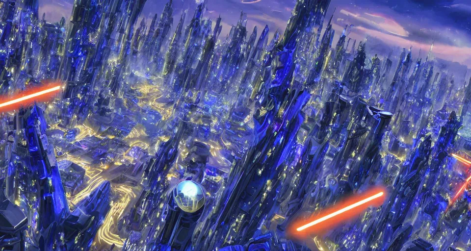 Image similar to a giant, futuristic city where everything is off the ground and is colored blue and gold, in the style of a star wars city, computer wallpaper