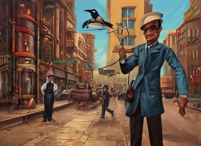 Prompt: painting of an anthropomorphic bird engineer standing on a busy steampunk city street. hd. 1 9 5 0 s oil painting style.