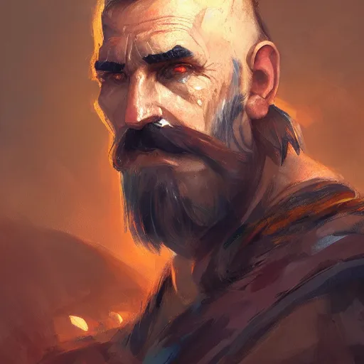 Image similar to portrait old vice barbarian warrior with trucker mustache and short hair, 8 k, trending on art station, by tooth wu and greg rutkowski